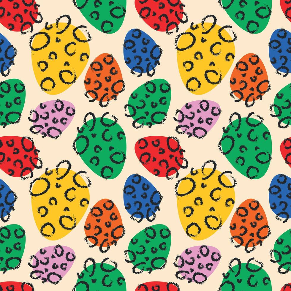 Beige Easter background with hand drawn colorful funny eggs vector