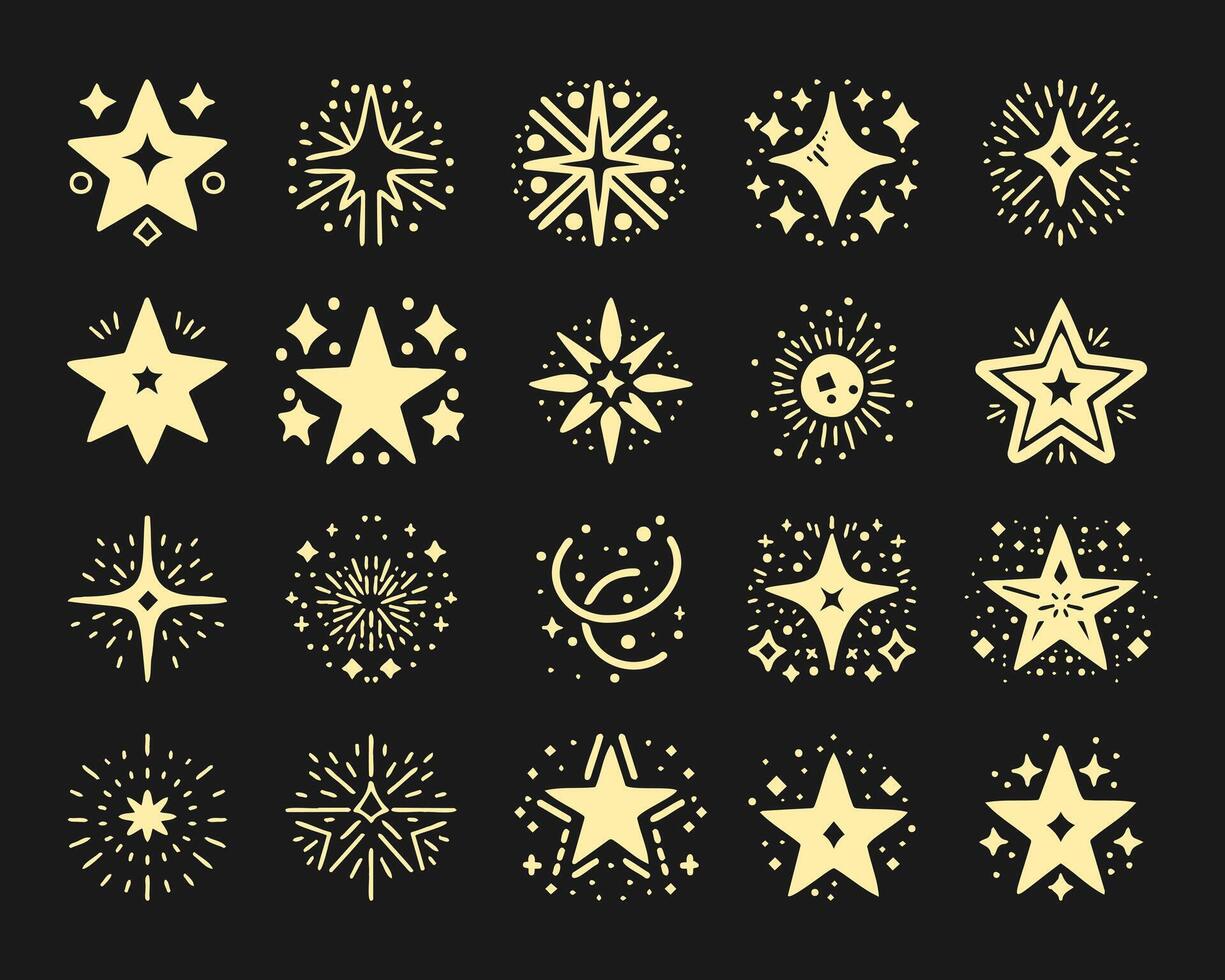 Collection of shining stars in gold color in simple style isolated on black background vector