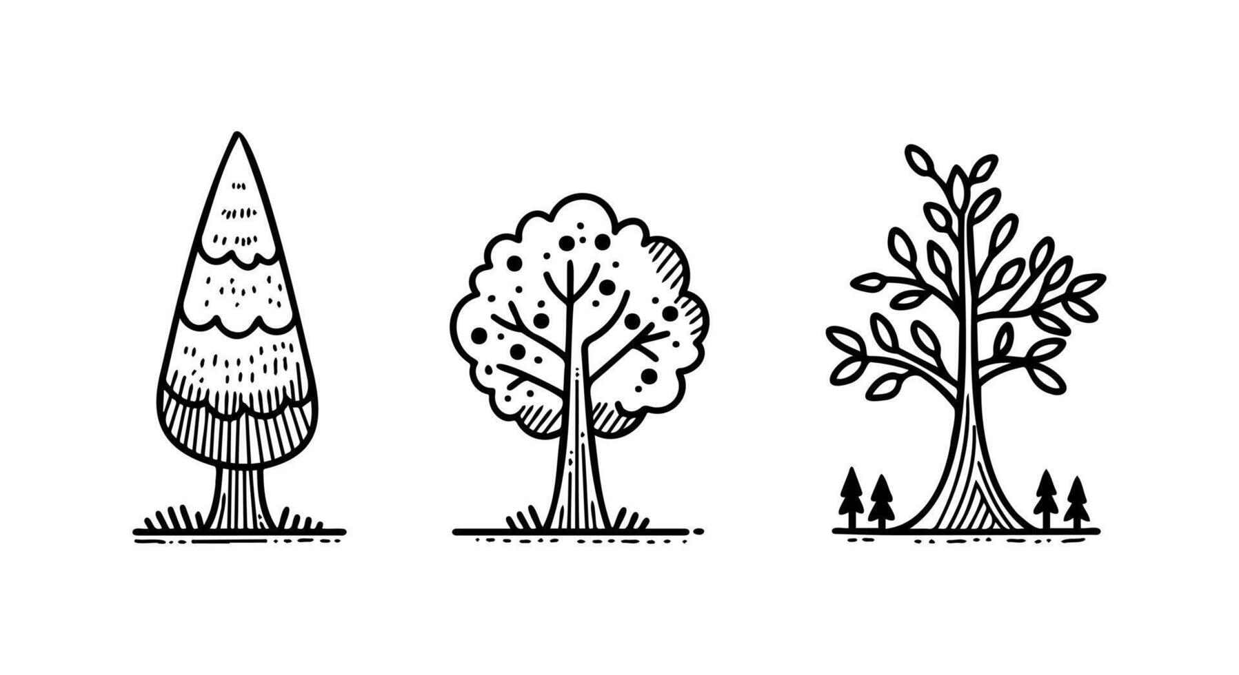 Three Types of Trees in Minimalist Black and White Illustration vector