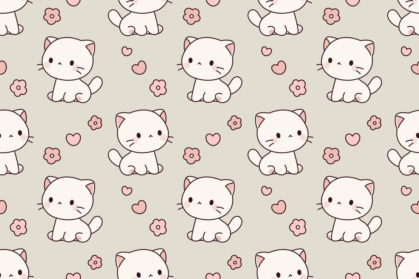 Cute Cat Seamless Pattern Kawaii Cartoon Kitten Design vector