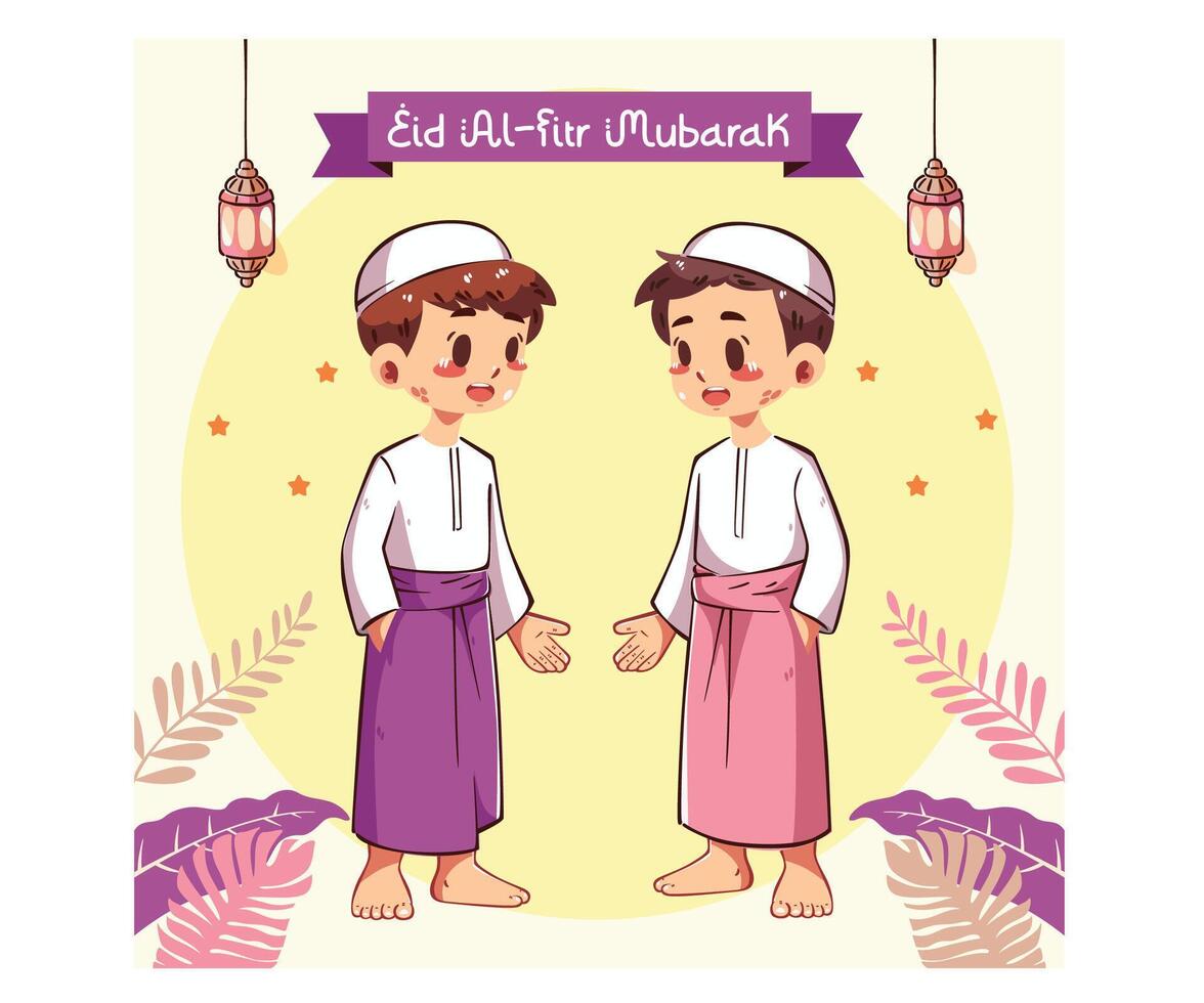 Eid Al-Fitr with Cheerful Animated Characters in Traditional Attire vector