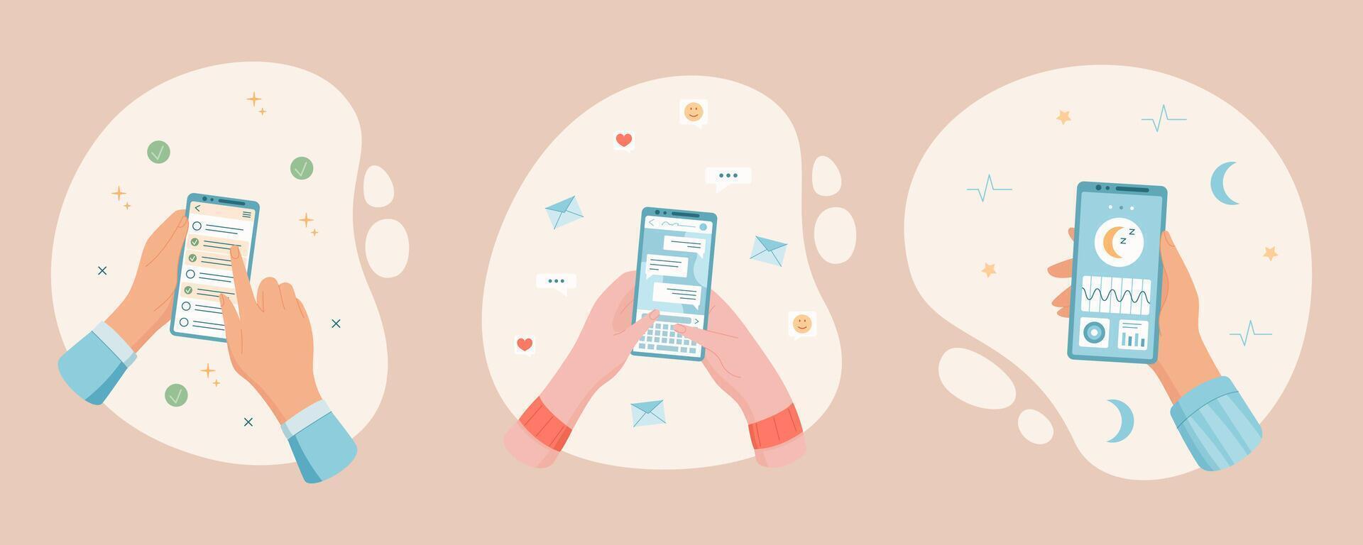 Smartphone and mobile phone cartoon set showing app screen with chat and message. Hands hold devices for online social media interaction, concept of digital communication and technology. vector