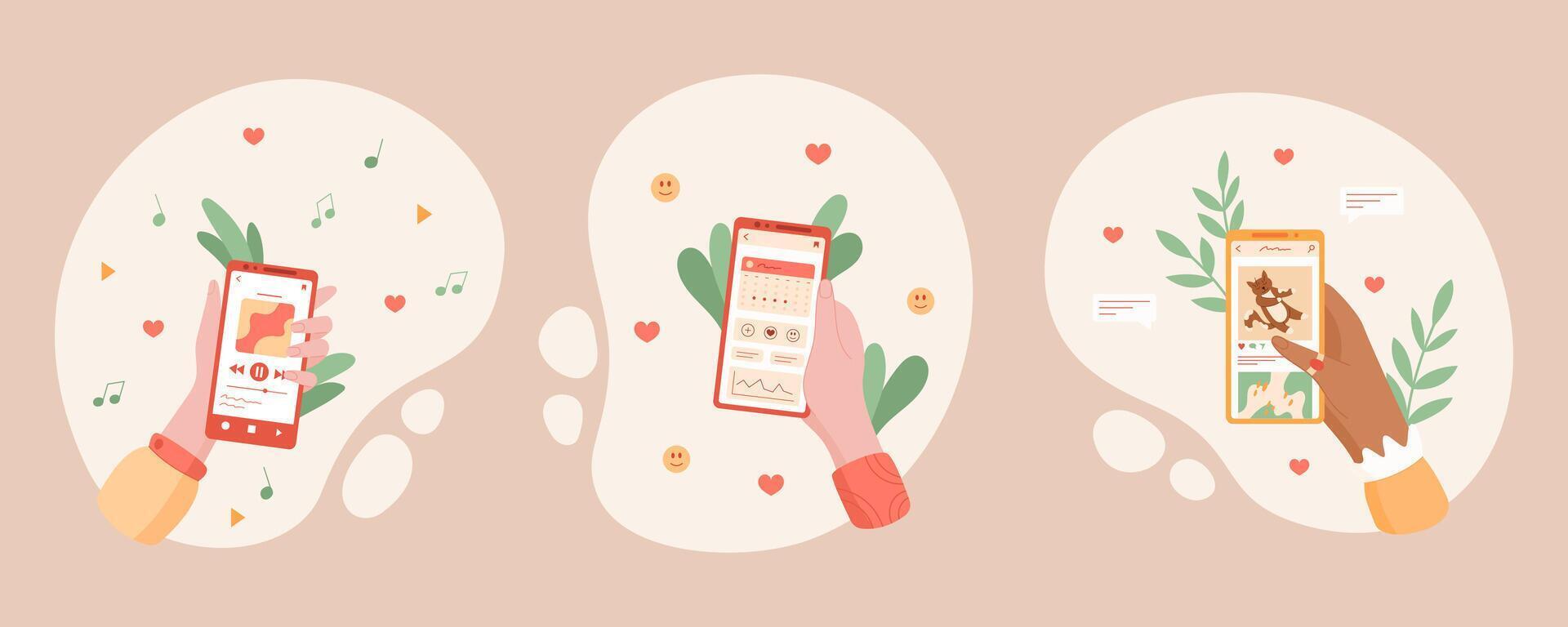 Set of hands hold smartphone app displaying social media gestures. Character showcases modern digital communication, flat design, ideal for social interaction and online platforms. vector