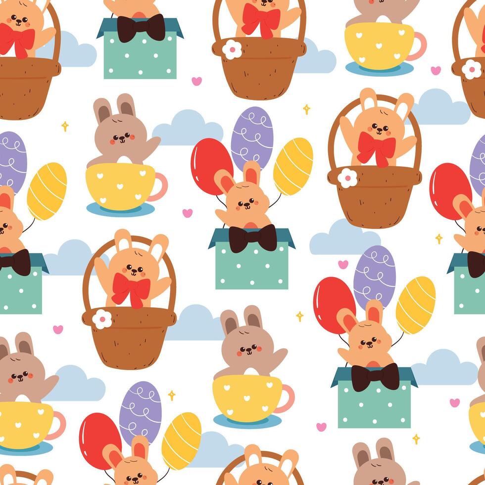 seamless pattern cute cartoon bunny inside cup, box and basket with clouds around it. cute animal drawing for wallpaper, pattern, background vector