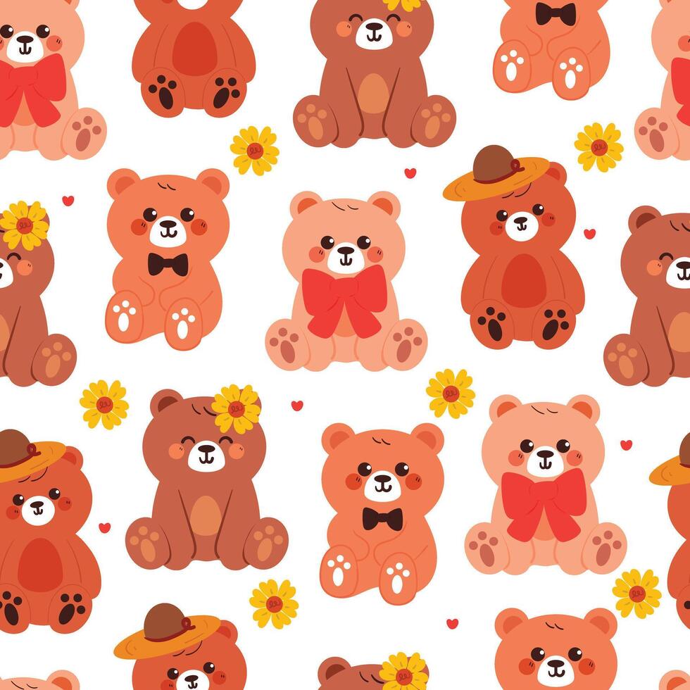 seamless pattern cute cartoon bear sitting wearing hat and bow with sun flower around. cute animal pattern for wallpaper, background and gift wrap paper vector