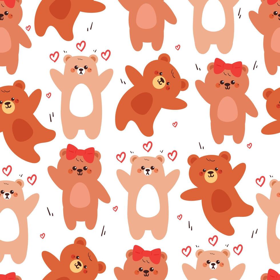 seamless pattern cute cartoon happy bear with heart shower and red bow. cute animal pattern for wallpaper, background and gift wrap paper vector