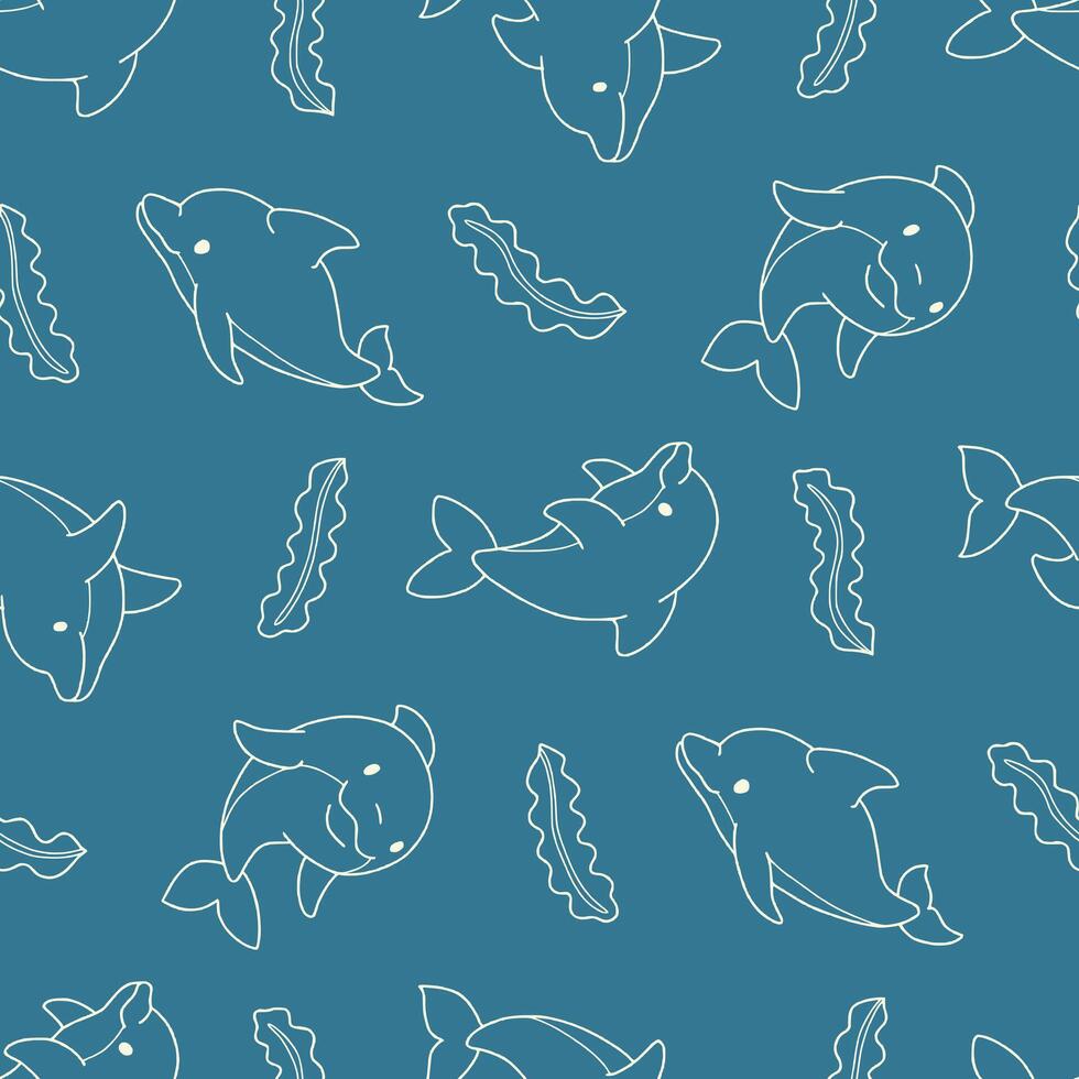 Outline Seamless Pattern of Dolphin Animal Seaweed Background for Fashion Wrapping Print vector