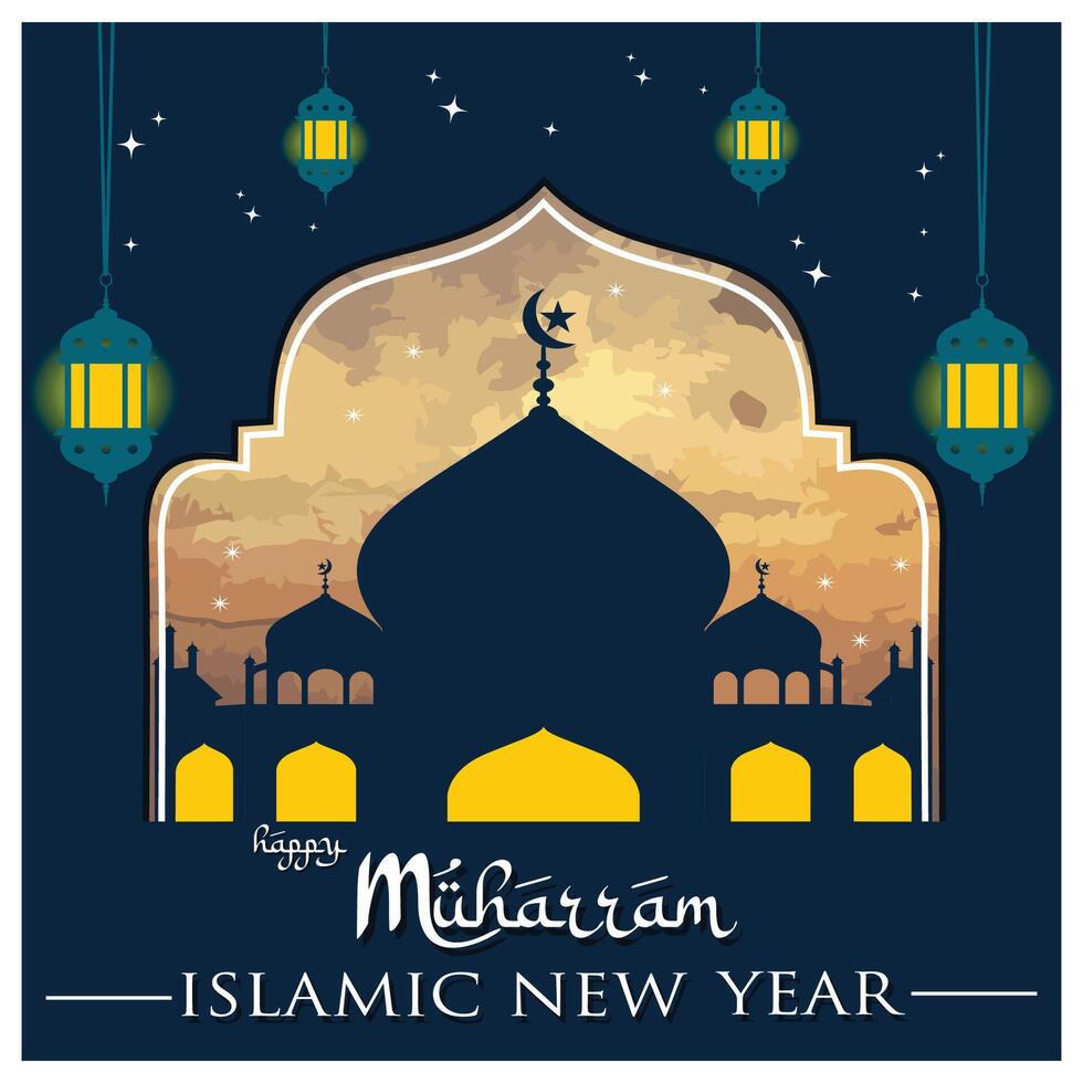 Happy Muharram Celebrating Islamic New Year with Lanterns and Mosque. vector