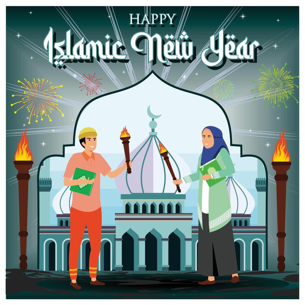 Muslim people carry torches to celebrate Islamic New Year or Hijri New Year. vector