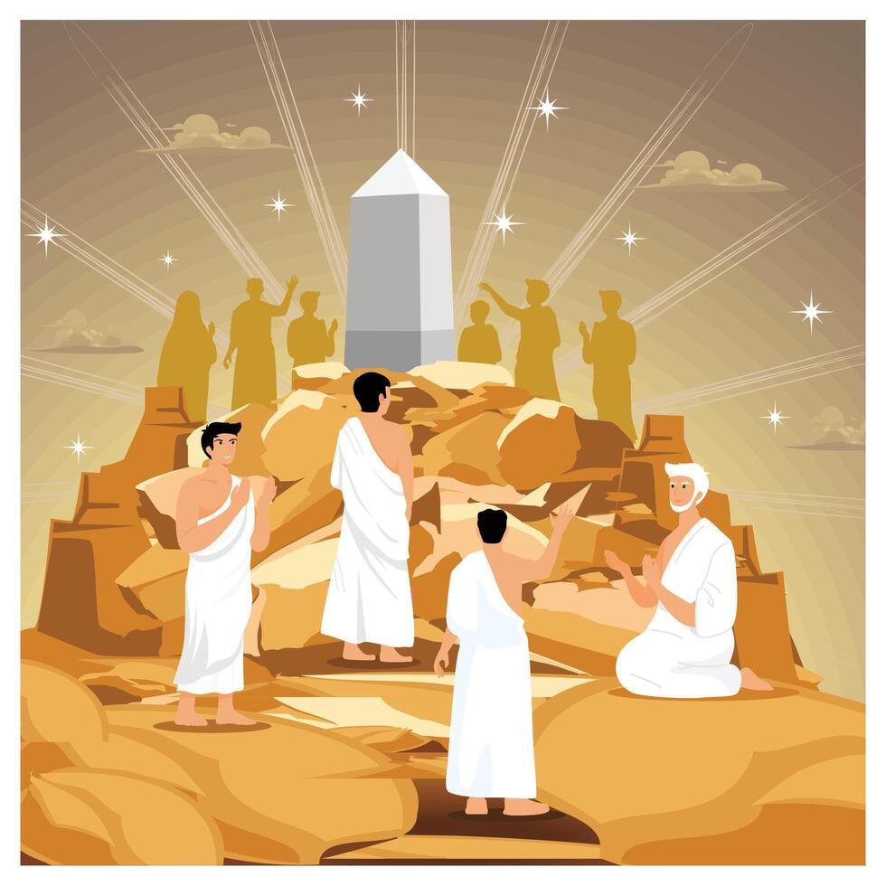 Islamic Pilgrimage with Hajj Muslims doing Wukuf means praying or remaining silent at Arafah. vector
