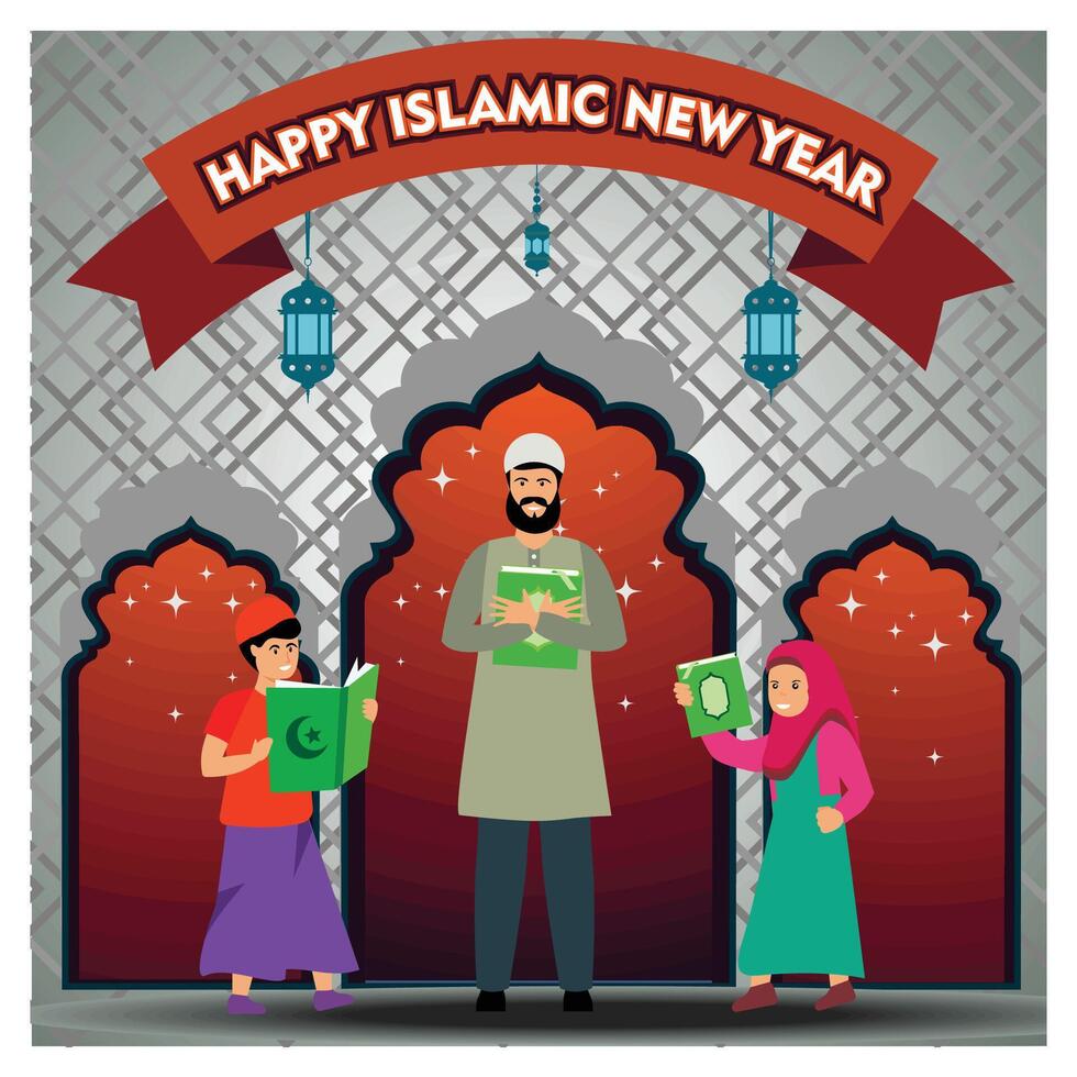 A Muslim Teacher celebrates the Islamic New Year with his family reading the Koran together. vector