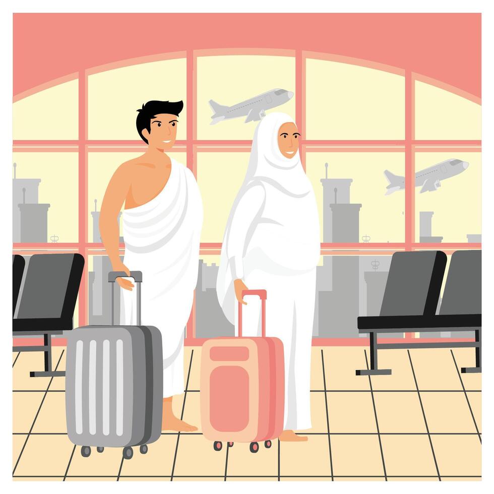Muslim Pilgrims at Airport Departing for Hajj Spiritual Journey With Luggage. vector