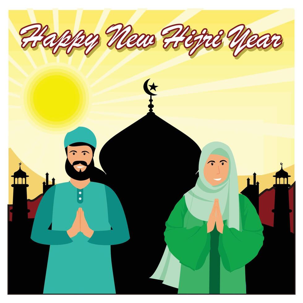 Happy New Hijri Year Celebration with Islamic Symbols and Traditional Attire. vector