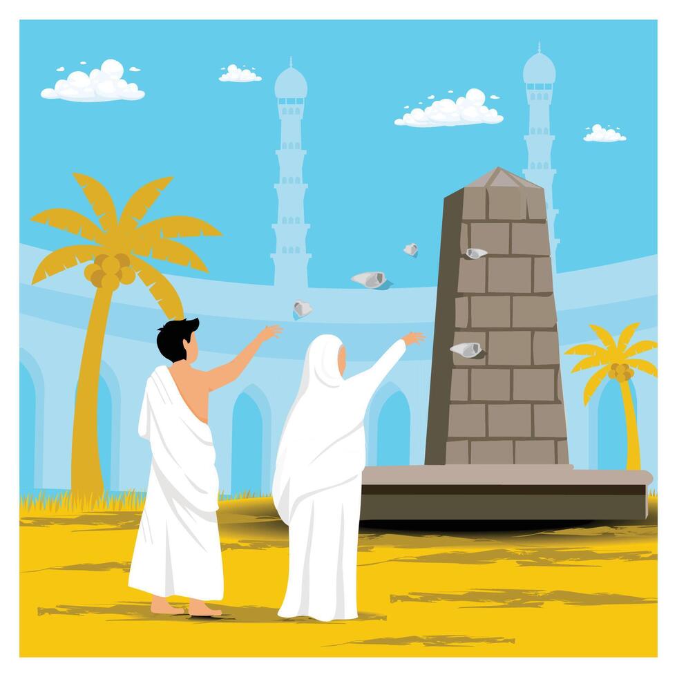 People Performing Islamic Pilgrimage Ritual, Muslim congregation Throwing Stones at the Wall. vector