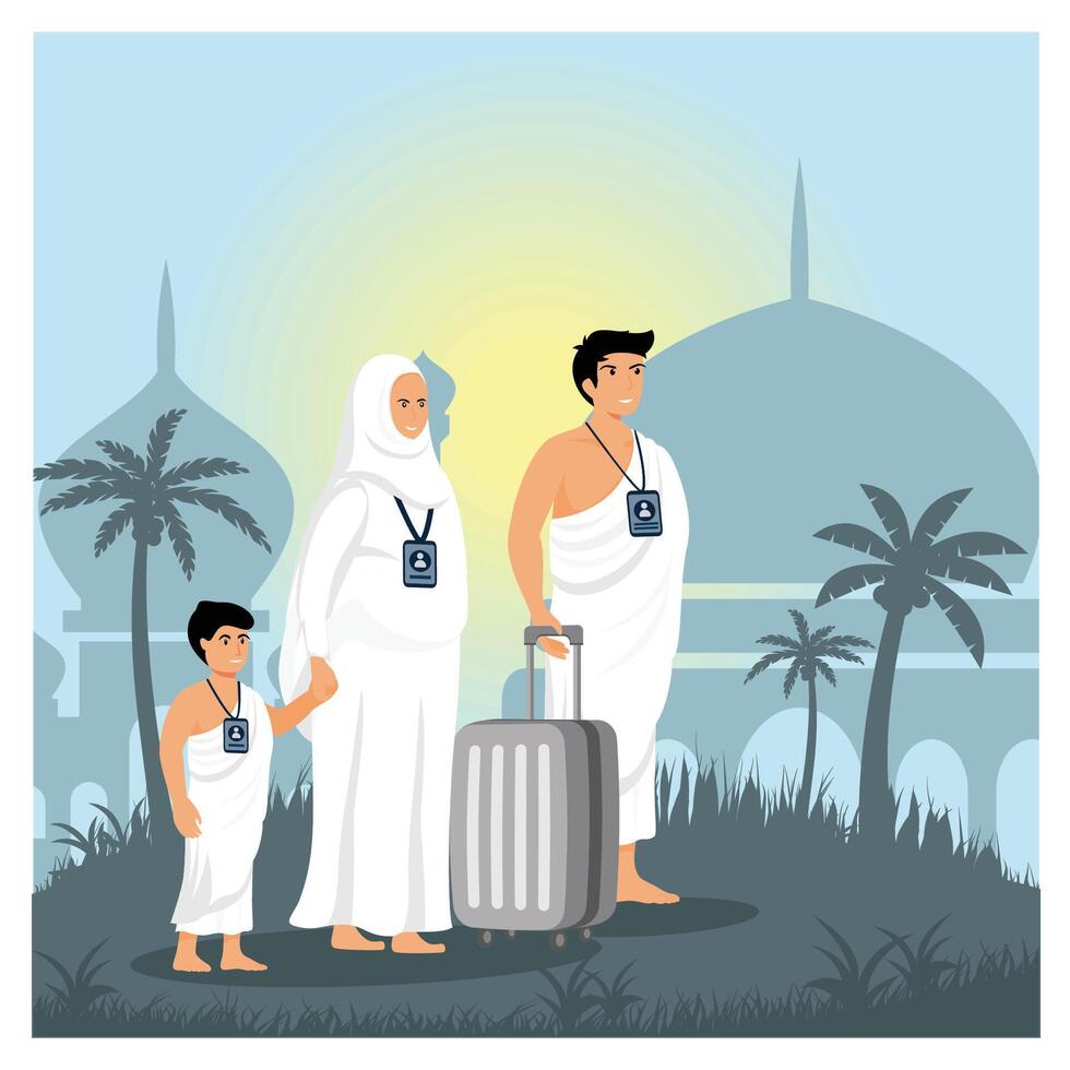 A Muslim Family pilgrim wearing ihram clothes with a suitcase just arrived in mecca to perform Hajj or umrah Pilgrimage. vector