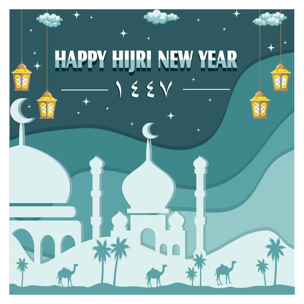 Happy Hijri New Year Celebration with Mosque, Lanterns, and Camels Scene. vector