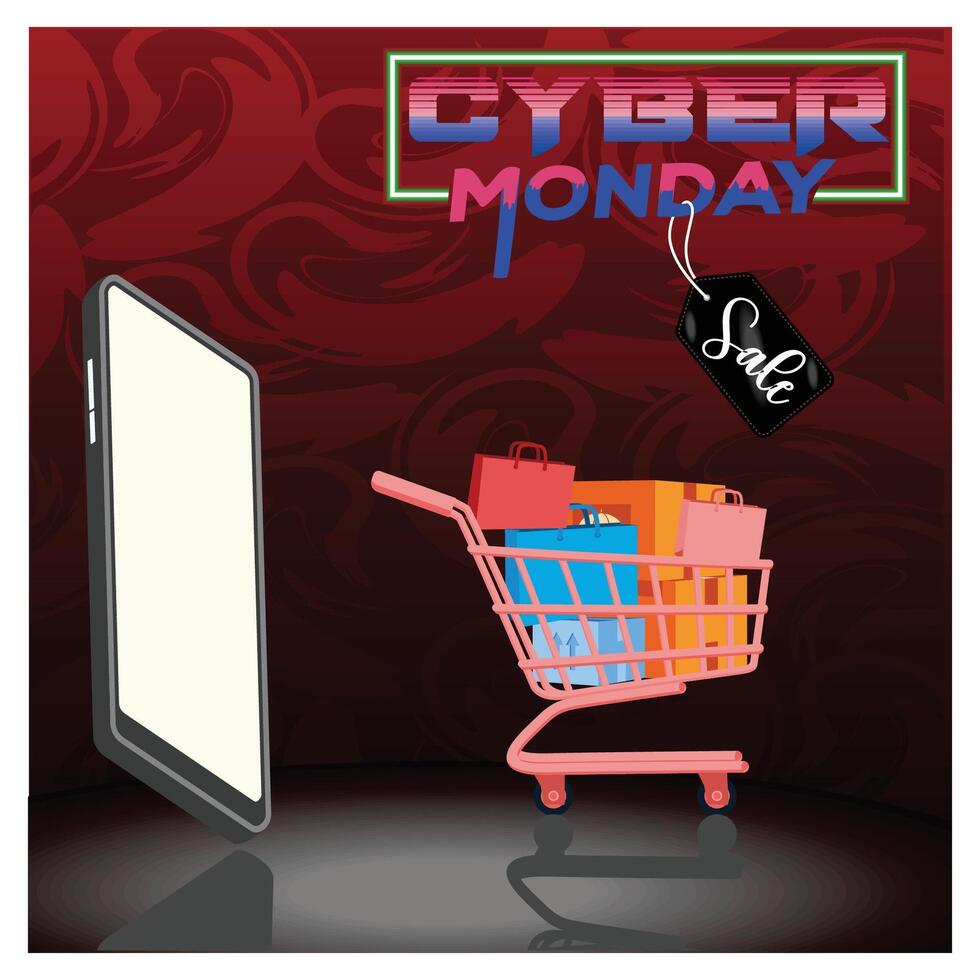 Cyber Monday Shopping Concept with Smart phone and Shopping Cart. vector