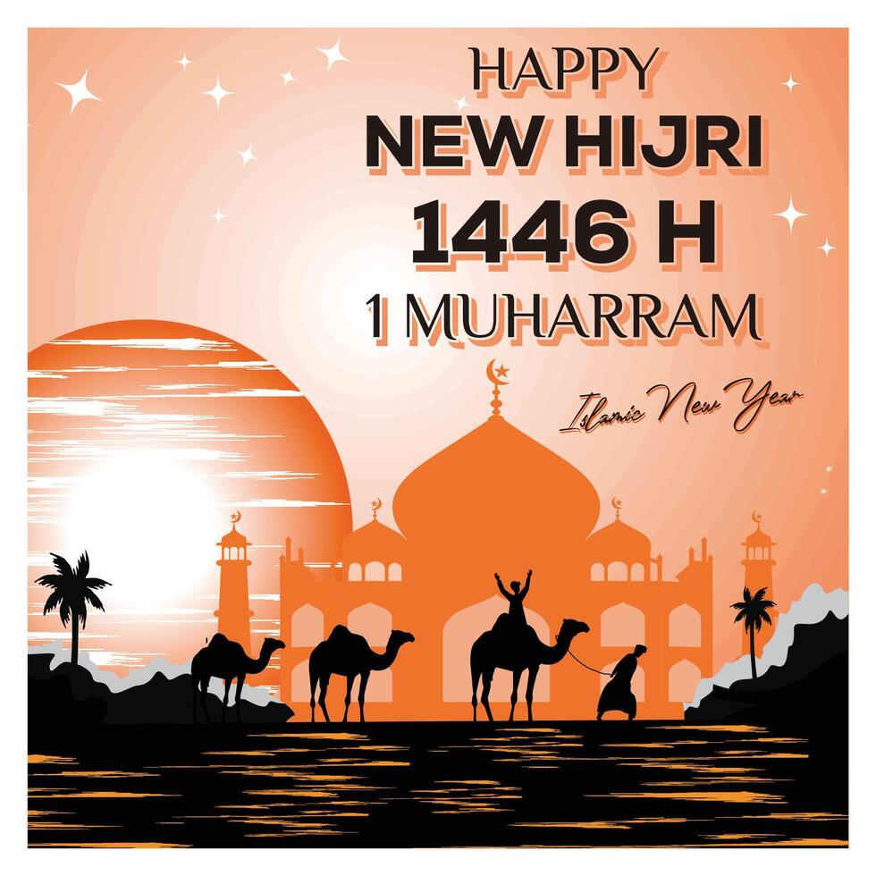 Celebration of Happy Islamic New Year 1446 H with views of the mosque, camels and sunset. vector