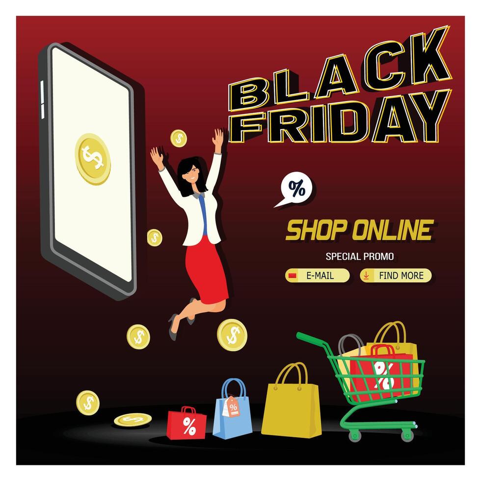 Happy woman with shopping cart buying gifts, online gifts in store or shopping via mobile app. vector