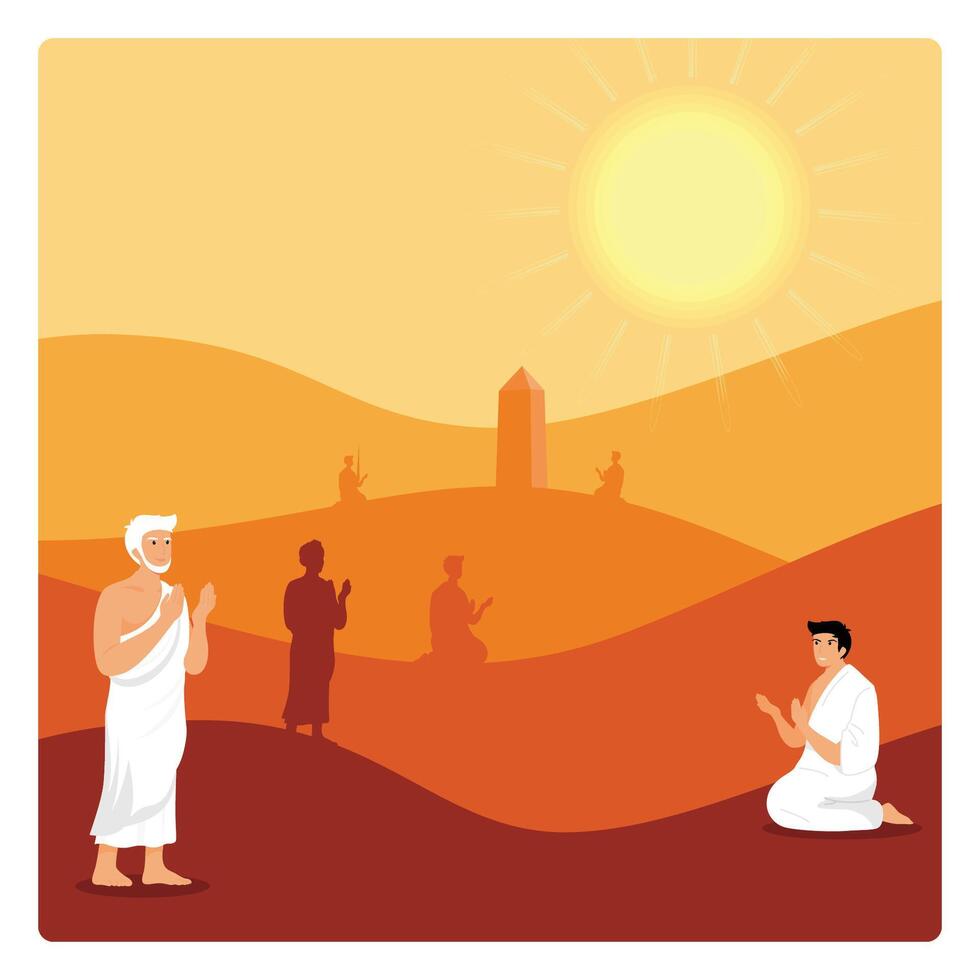 Muslim men perform Hajj. praying in the mountains of Jabal Rahmah in Arafat. vector