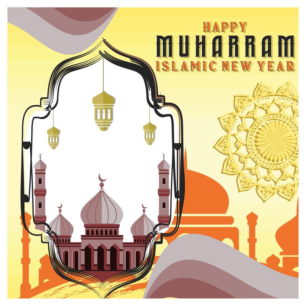 Celebrate the elegant Islamic New Year with Mosques and Lanterns in Warm Colors. vector