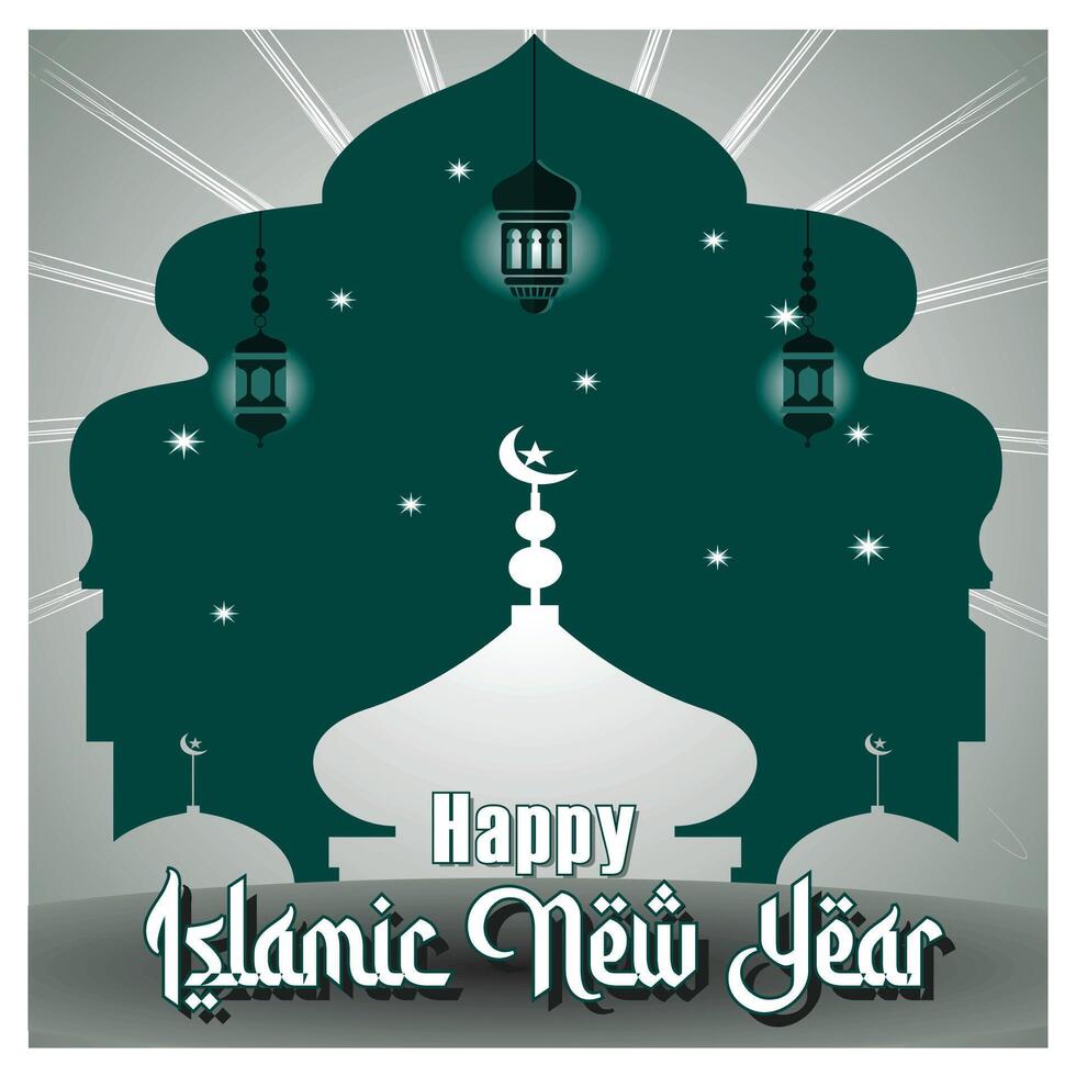 Happy Islamic New Year Greeting Card Concept with Mosque, Moon, and Lantern. vector