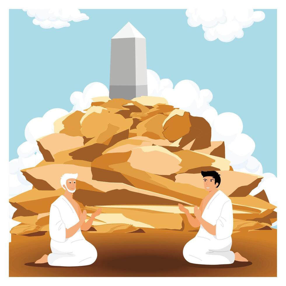 Islamic Hajj Pilgrimage concept. Hajj rituals, Two pilgrims praying at Arafat. vector