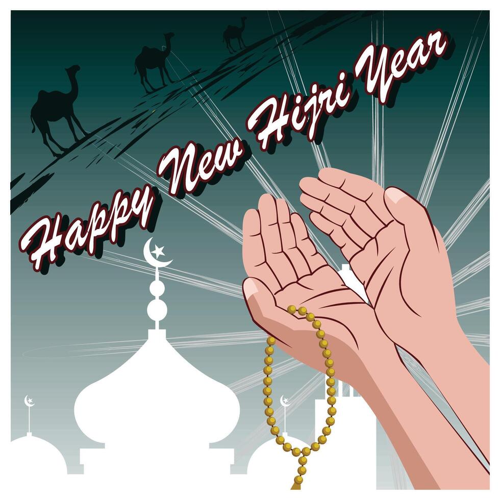Happy New Hijri Year Celebration with Islamic Motifs and Prayerful Hands. vector