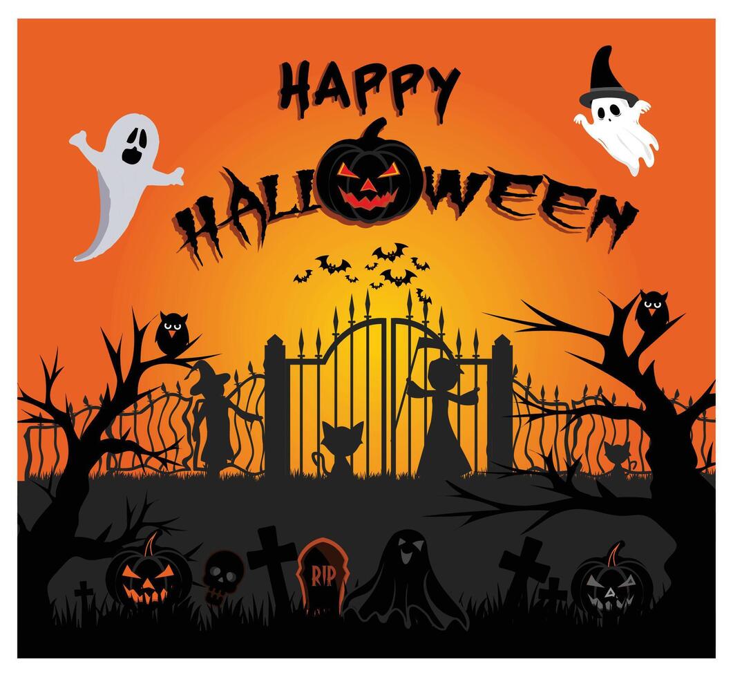 Spooky Halloween Greeting With Ghosts, Pumpkins, and Haunted Graveyard Scene. vector