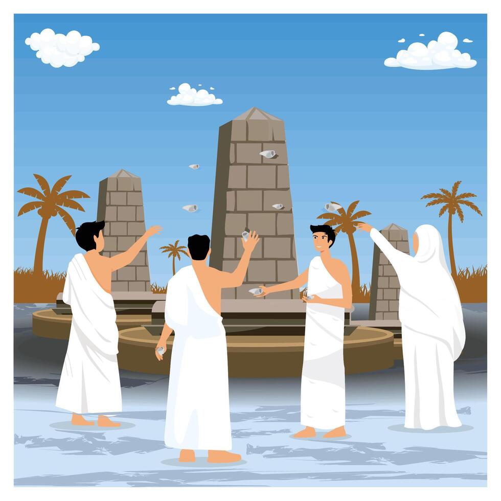 Traditional Pilgrimage Ritual Depicting Group at Monument in Peaceful Setting. vector