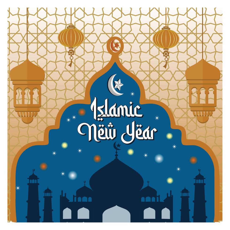 Islamic New Year Celebration Design with Mosque and Lantern Decoration. vector