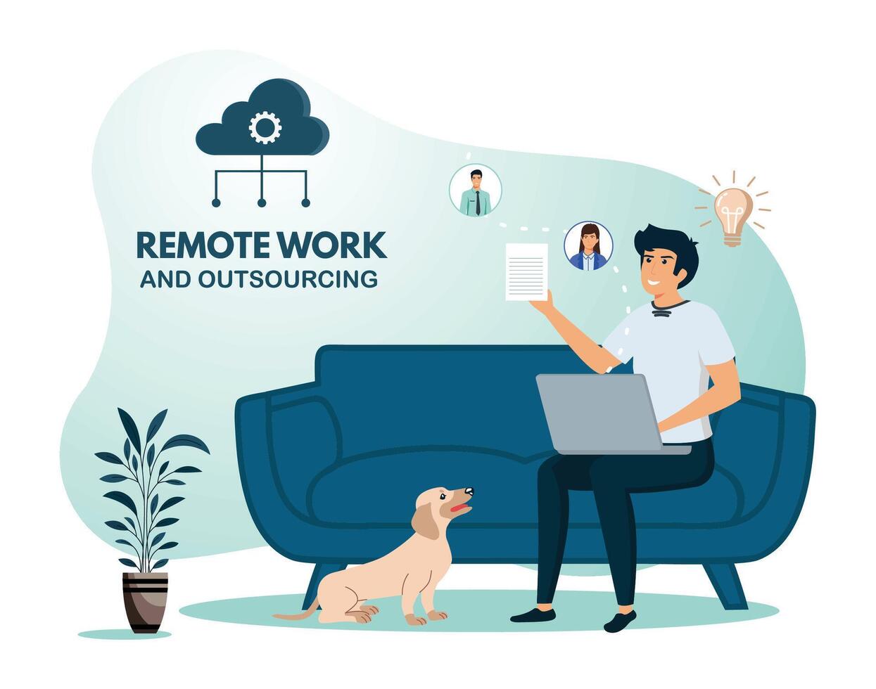 Man sitting on the sofa while working from home and connected to his laptop. vector
