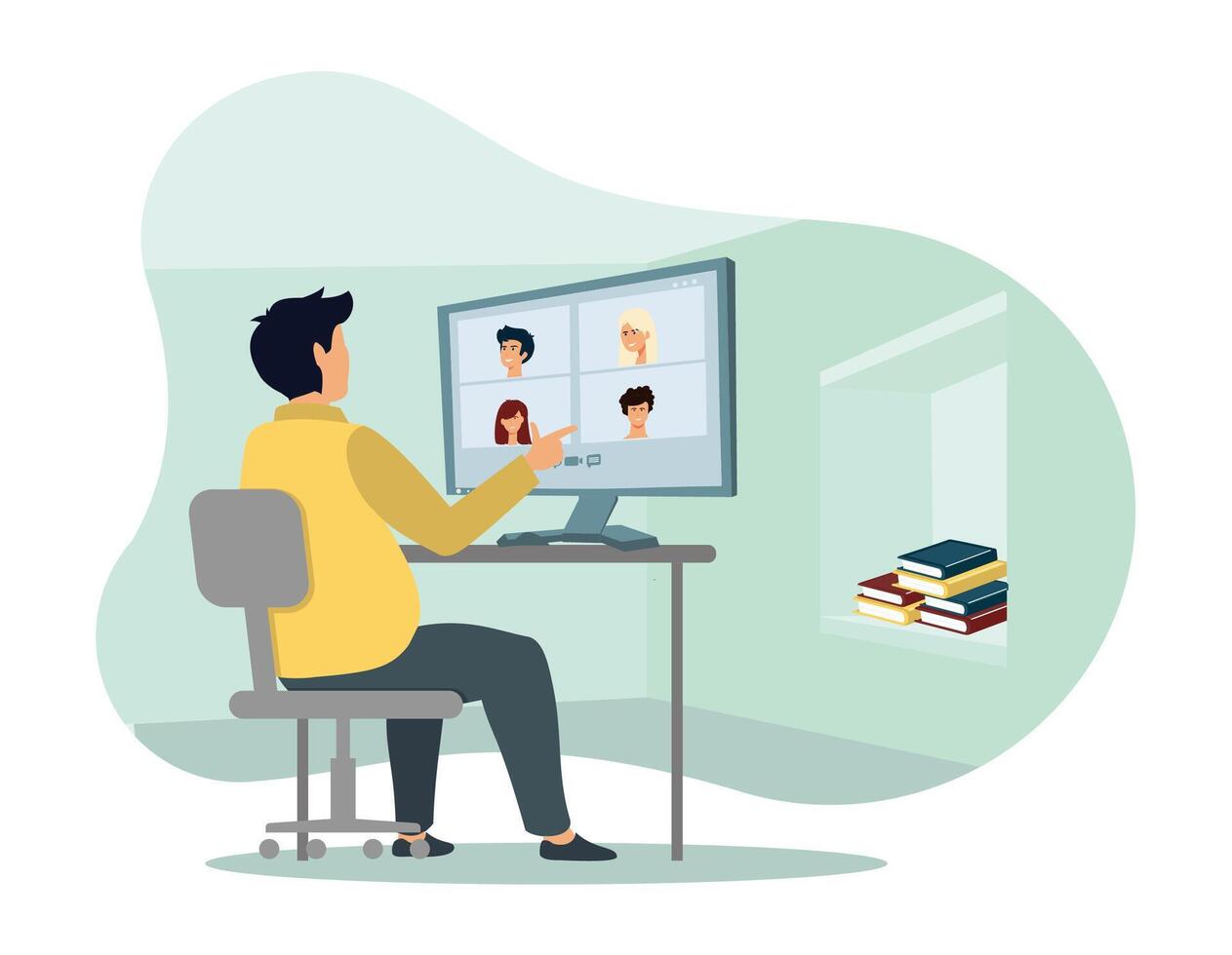 Person Participating in Online Call Meeting at Home Workspace. vector
