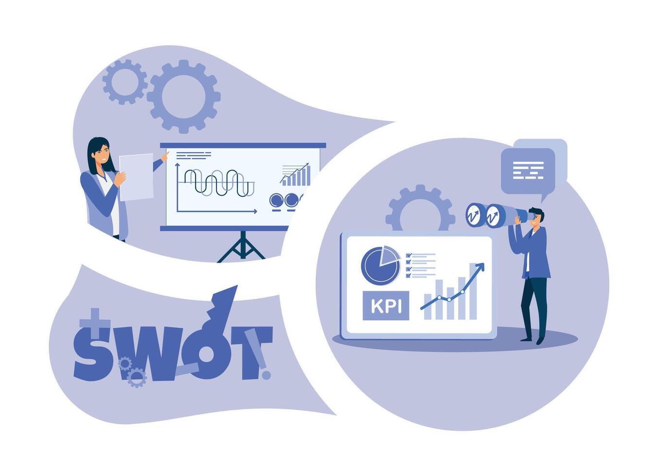 Business Management and Strategic Planning with KPI and SWOT Analysis. vector