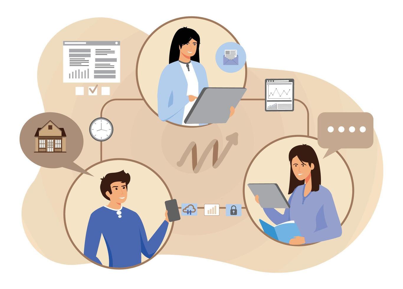 Business people working together online, talking and sharing files. vector