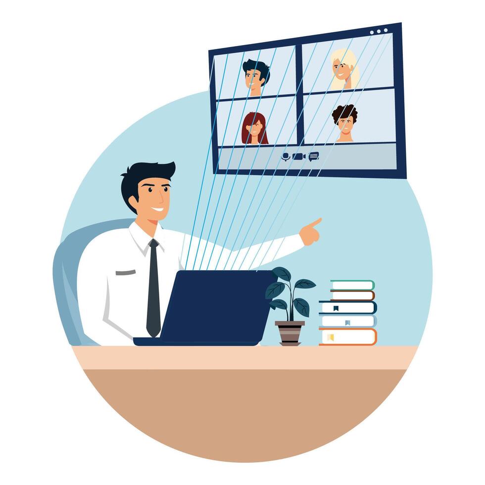A Professional Attending an Online Meeting via Laptop. vector