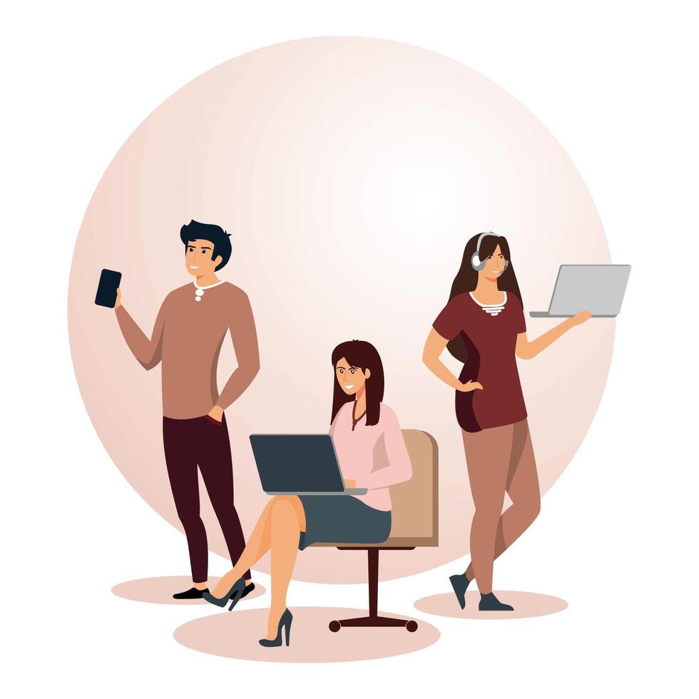 Young Professionals Collaborating in Modern Workspace with Laptops and Mobile Devices. vector