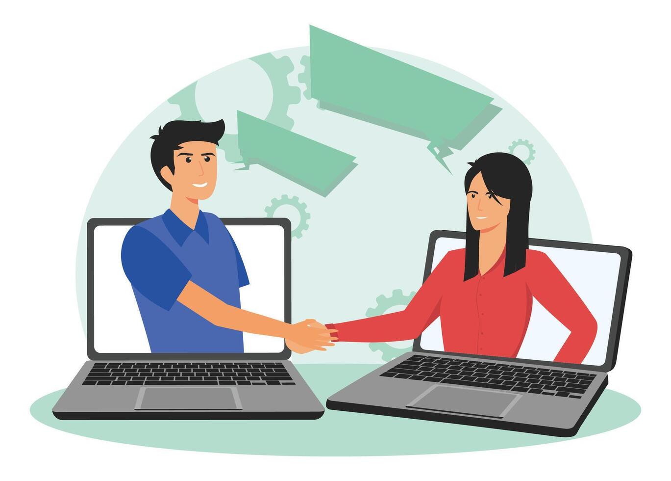 Virtual Collaboration Concept with Laptops Showing People Handshaking Online. vector
