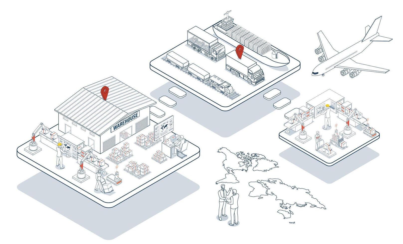 Global logistics network integrating multimodal transportation services air, road, and maritime with IoT technology to enable efficient worldwide cargo delivery and instant order fulfillment. vector