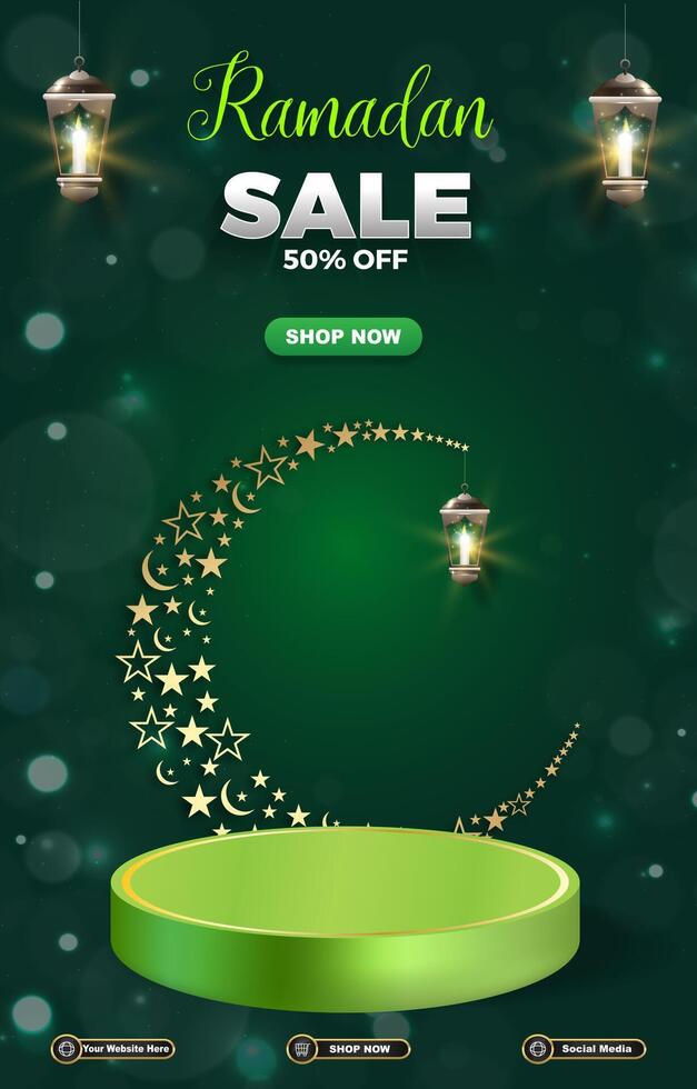 ramadan sale discount template banner with 3d podium for product sale with abstract green background design vector