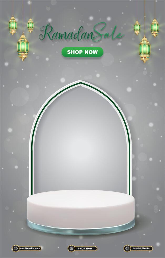 ramadan sale discount template banner with 3d podium for product sale with grey background design vector