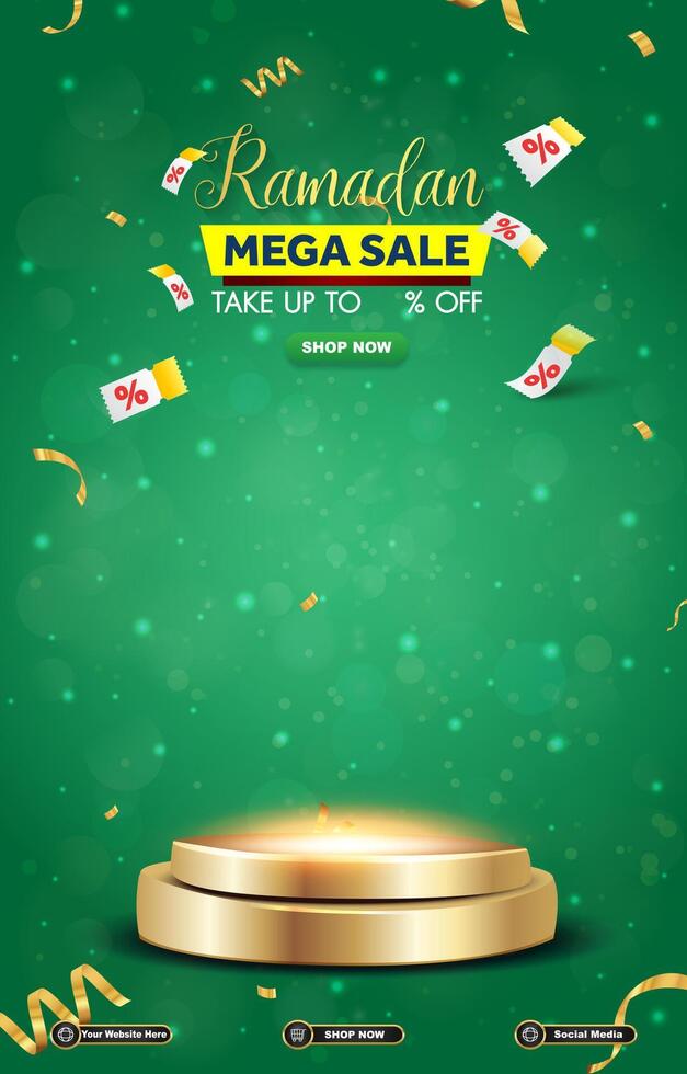 ramadan mega sale template banner with 3d podium for product sale with abstract green background design vector