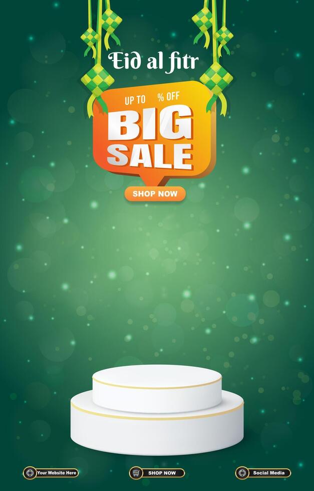 eid big sale discount template banner with 3d podium for product sale with green background design vector