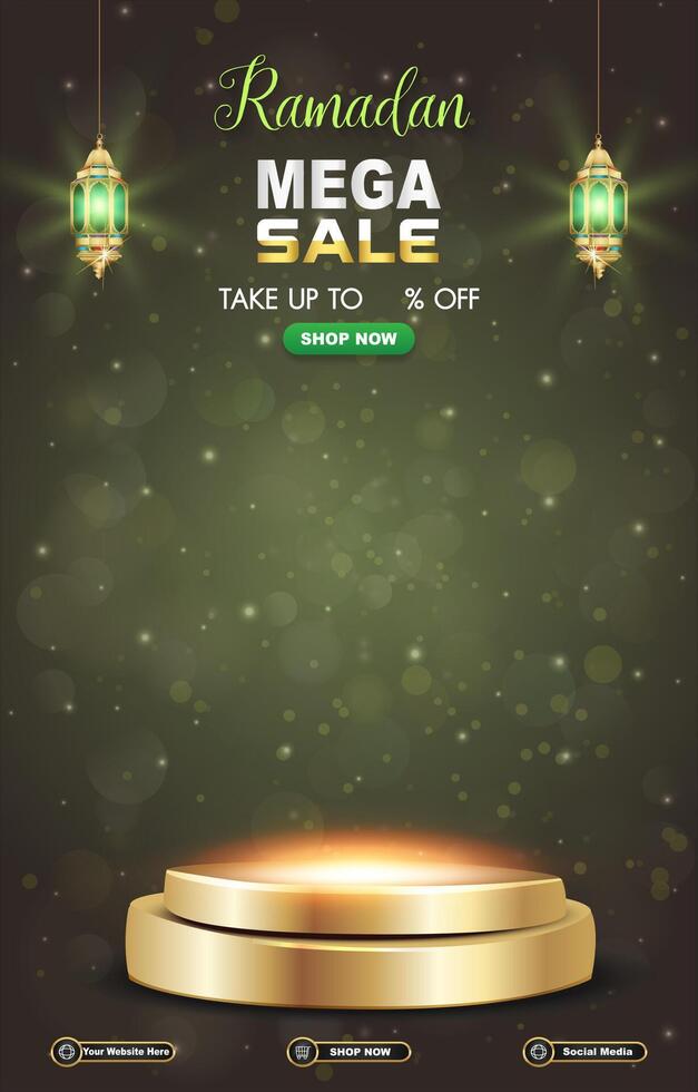 ramadan mega sale template banner with 3d podium for product sale with green background design vector