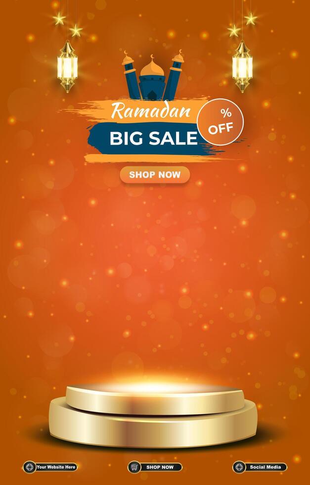 ramadan big sale template banner with 3d podium for product sale with abstract orange background design vector
