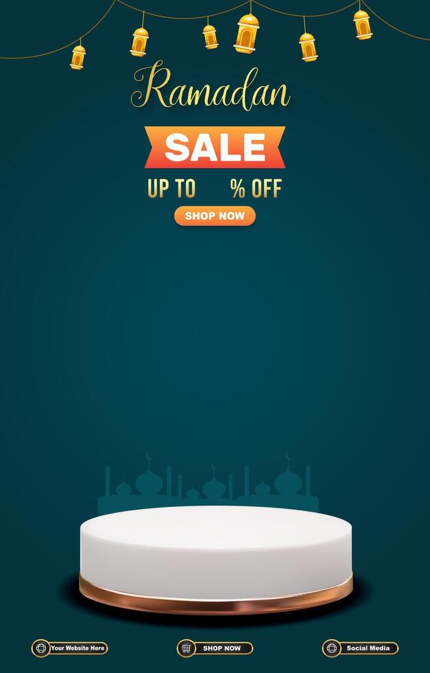 ramadan discount template banner with 3d podium for product sale with blue background design vector