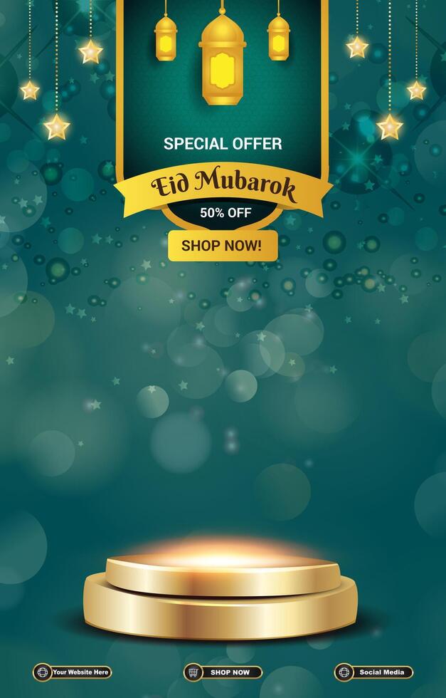 eid discount template banner with 3d podium for product sale with blue background design vector