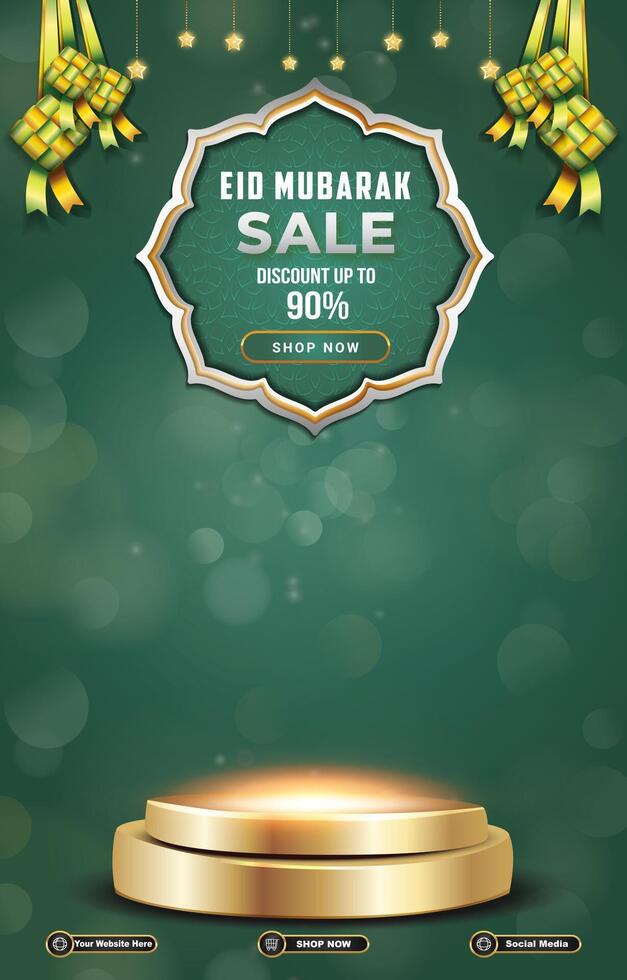 eid sale discount template banner with 3d podium for product sale with green background design vector