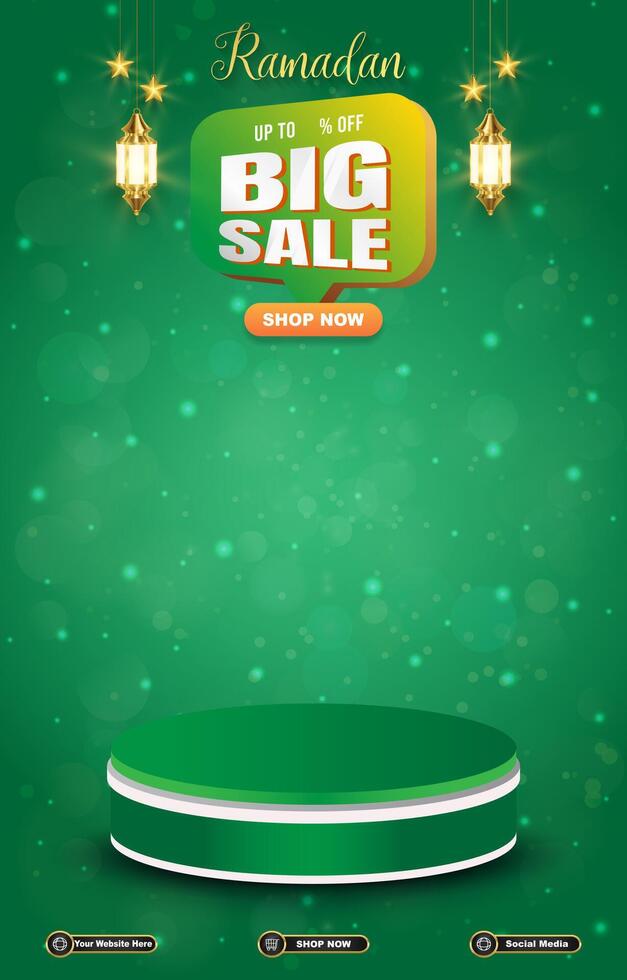 ramadan big sale template banner with 3d podium for product sale with abstract green background design vector
