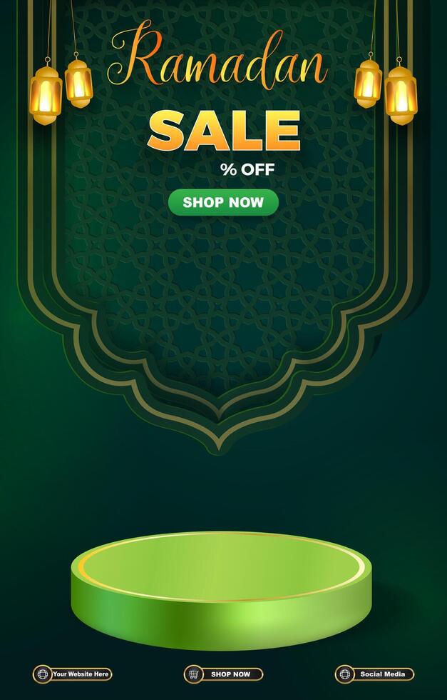 ramadan sale discount template banner with 3d podium for product sale with abstract gradient green background design vector
